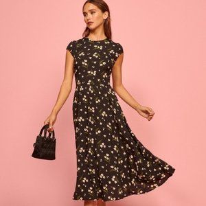 Reformation Black Midi Dress with White and Green Floral Print
